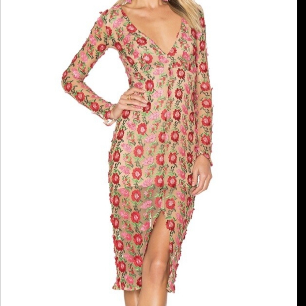 For Love And Lemons Floral Embroidered Maxi Dress - Red and Pink